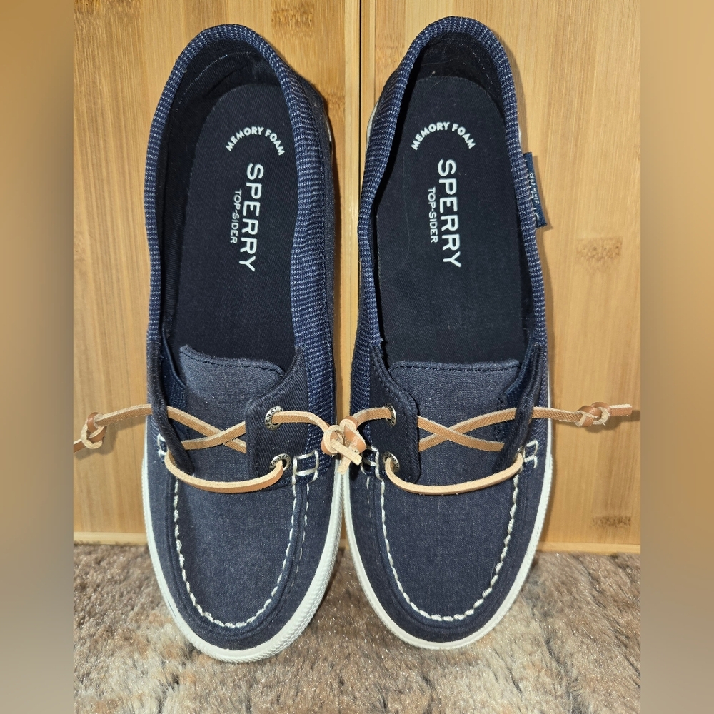 Sperry Top Slider Navy White Trim Tan Lace Boat Shoe sz 6.5 - Picture 2 of 4